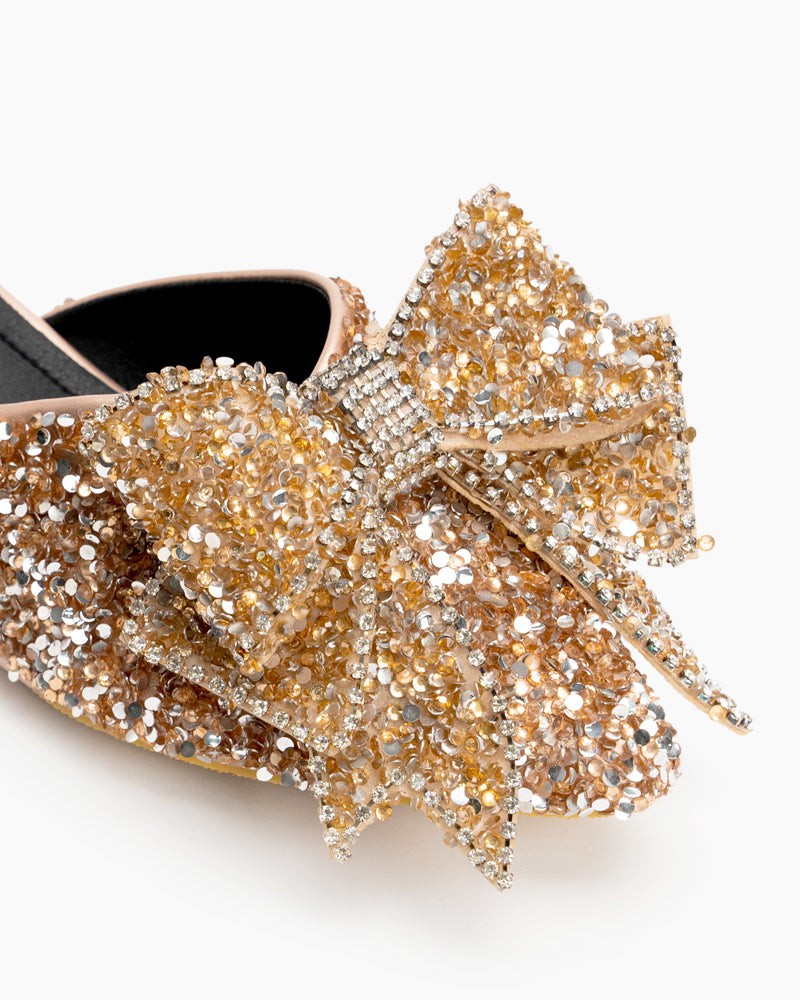 (Clean Up - US 10 ) Rhinestones Bow Tie Slip on Backless Mules