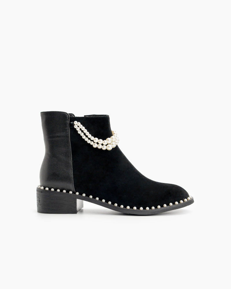 (Clean Up - US 7) Pearls Chain Round Toe Chunky Heel Ankle Boots