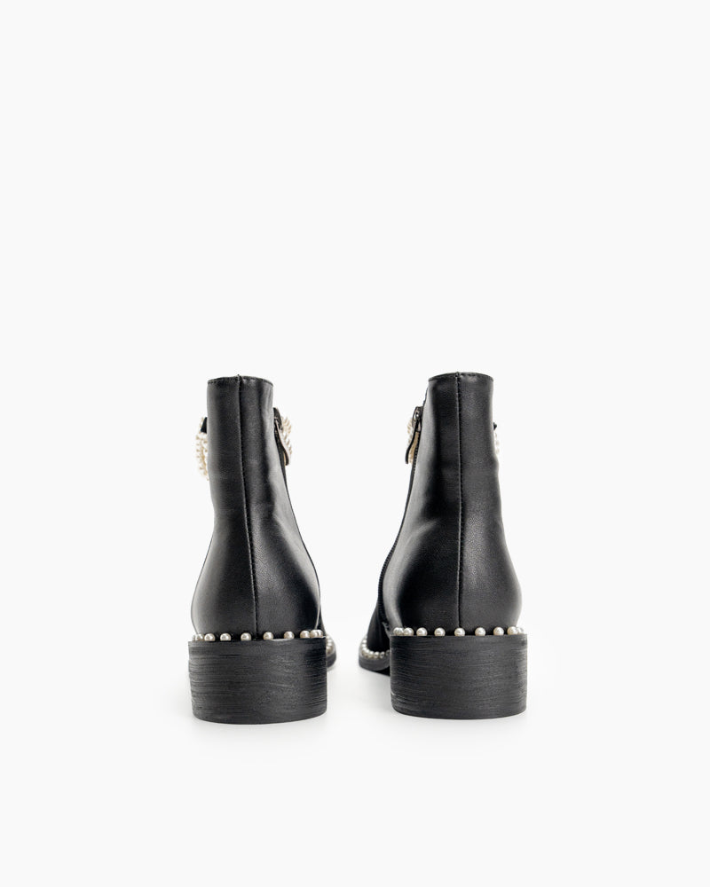 (Clean Up - US 7) Pearls Chain Round Toe Chunky Heel Ankle Boots