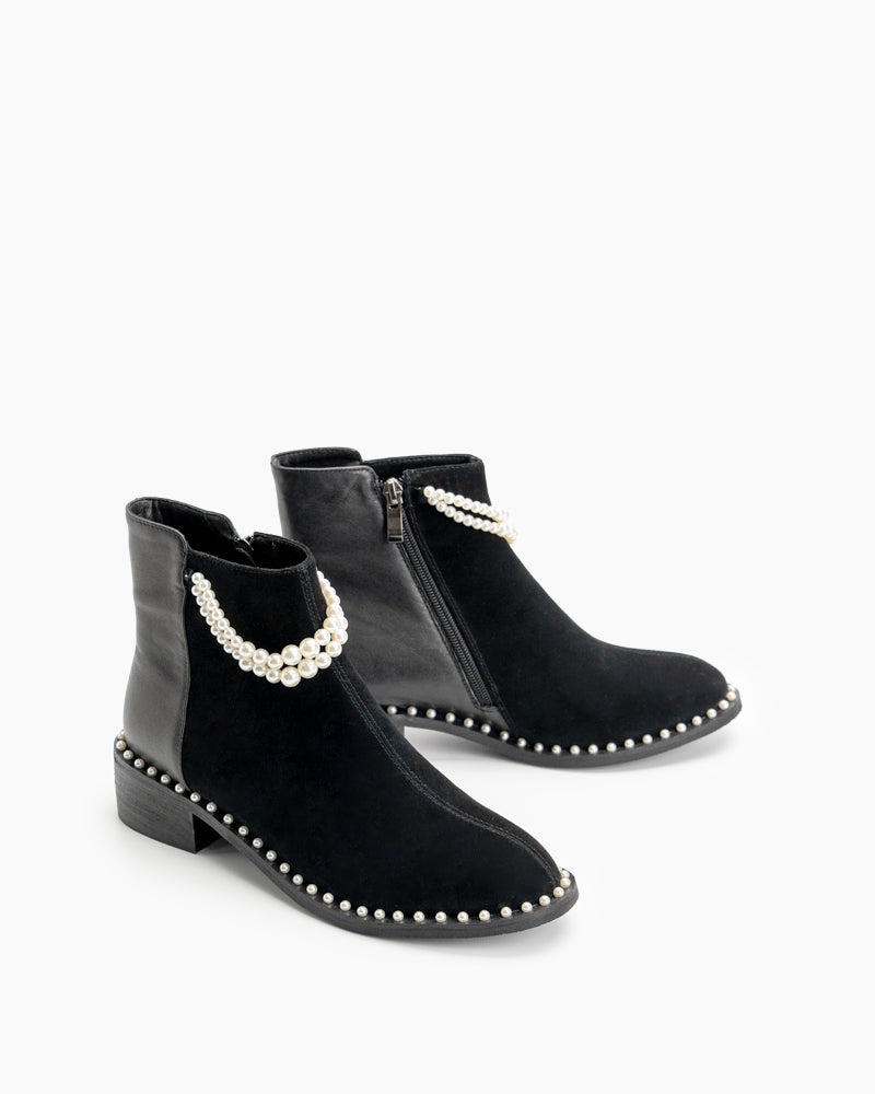 (Clean Up - US 7) Pearls Chain Round Toe Chunky Heel Ankle Boots