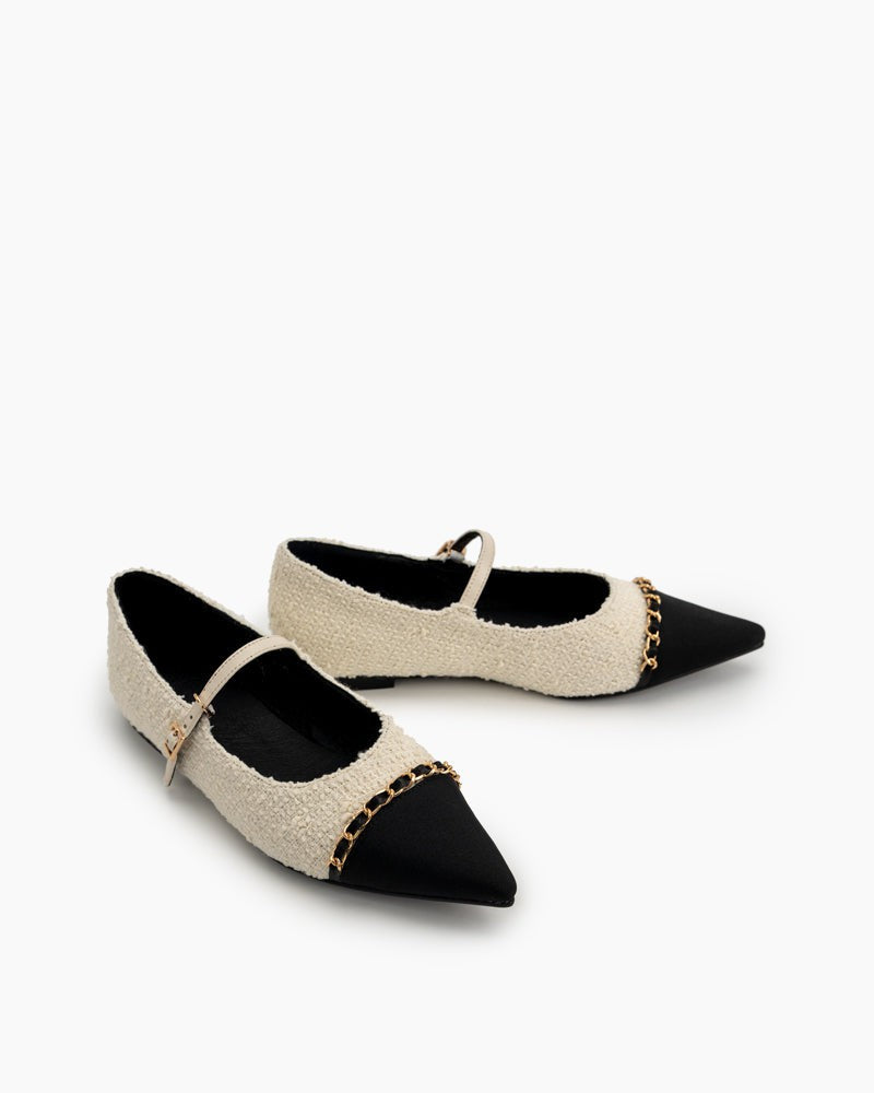 (Clean Up - US 7) Tweed Pointed Toe Slip on Ballet Mary Jane Flats