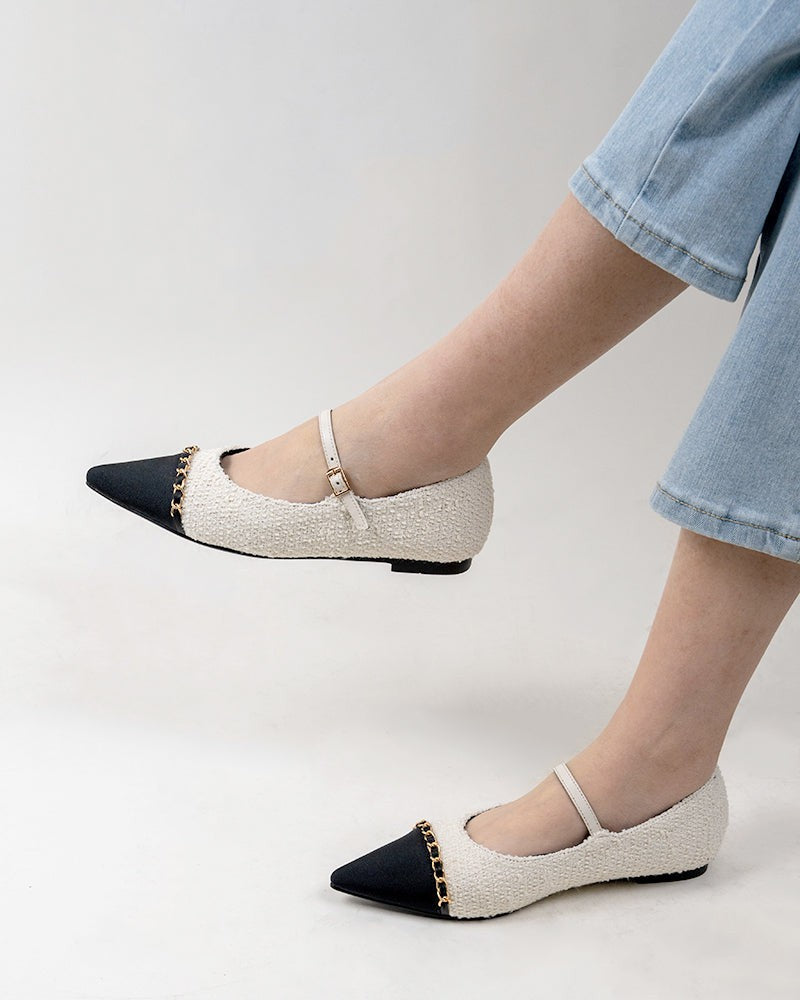 (Clean Up - US 7) Tweed Pointed Toe Slip on Ballet Mary Jane Flats