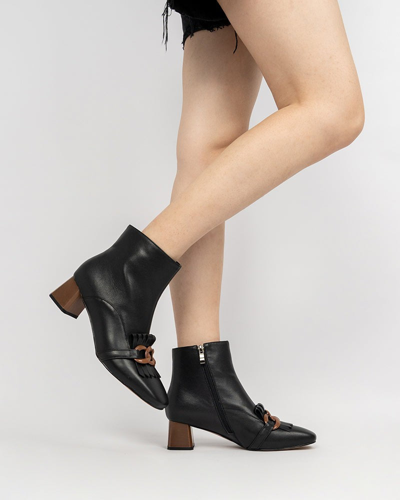 (Clean Up - US 7) Metal Buckle Tassel Block Heel Ankle Boots