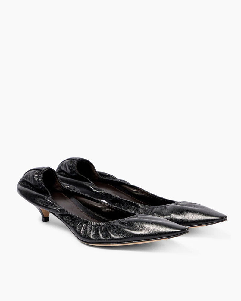 Black Leather Pointed Toe Pumps Ruched Design