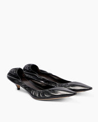 Black Leather Pointed Toe Pumps Ruched Design