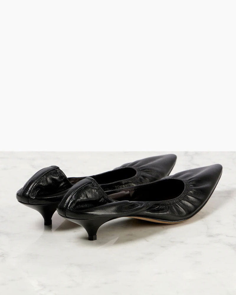 Black Leather Pointed Toe Pumps Ruched Design