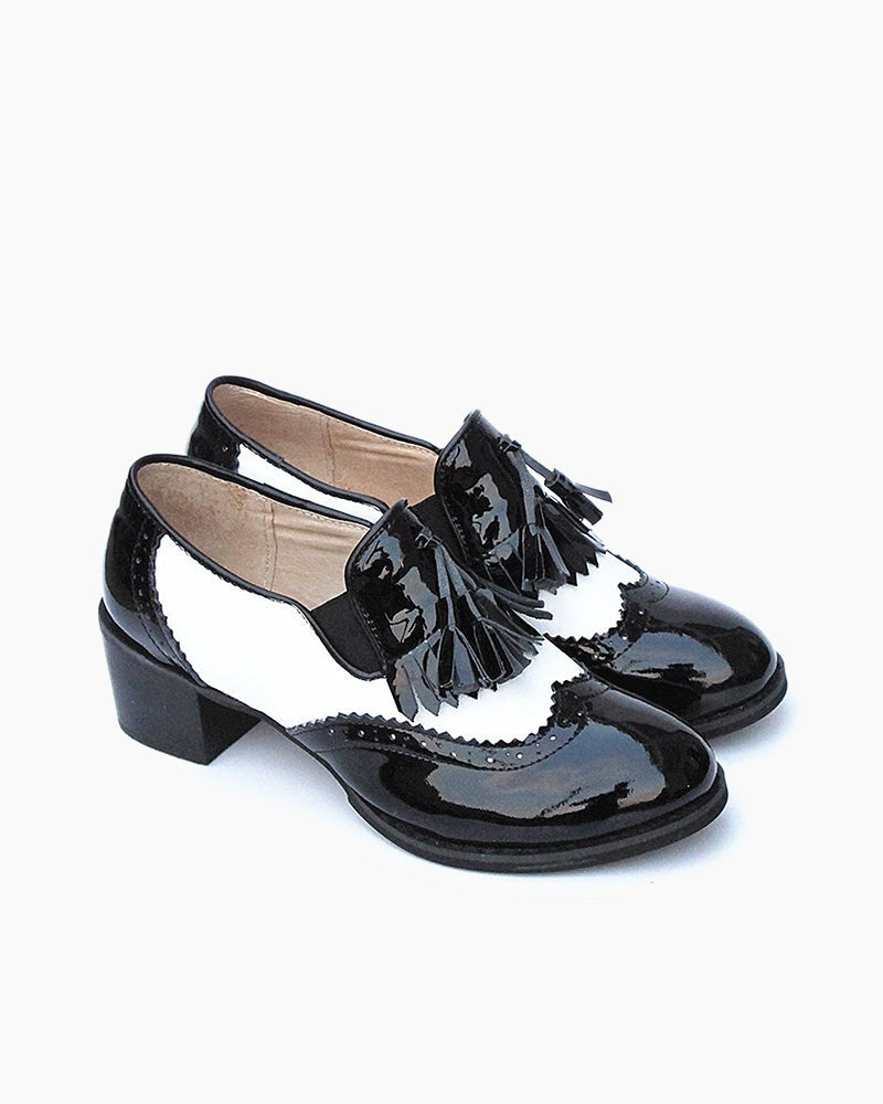 (Clean Up - US 9) Black and White Classic Fringed Chunky Heel Oxford Shoes