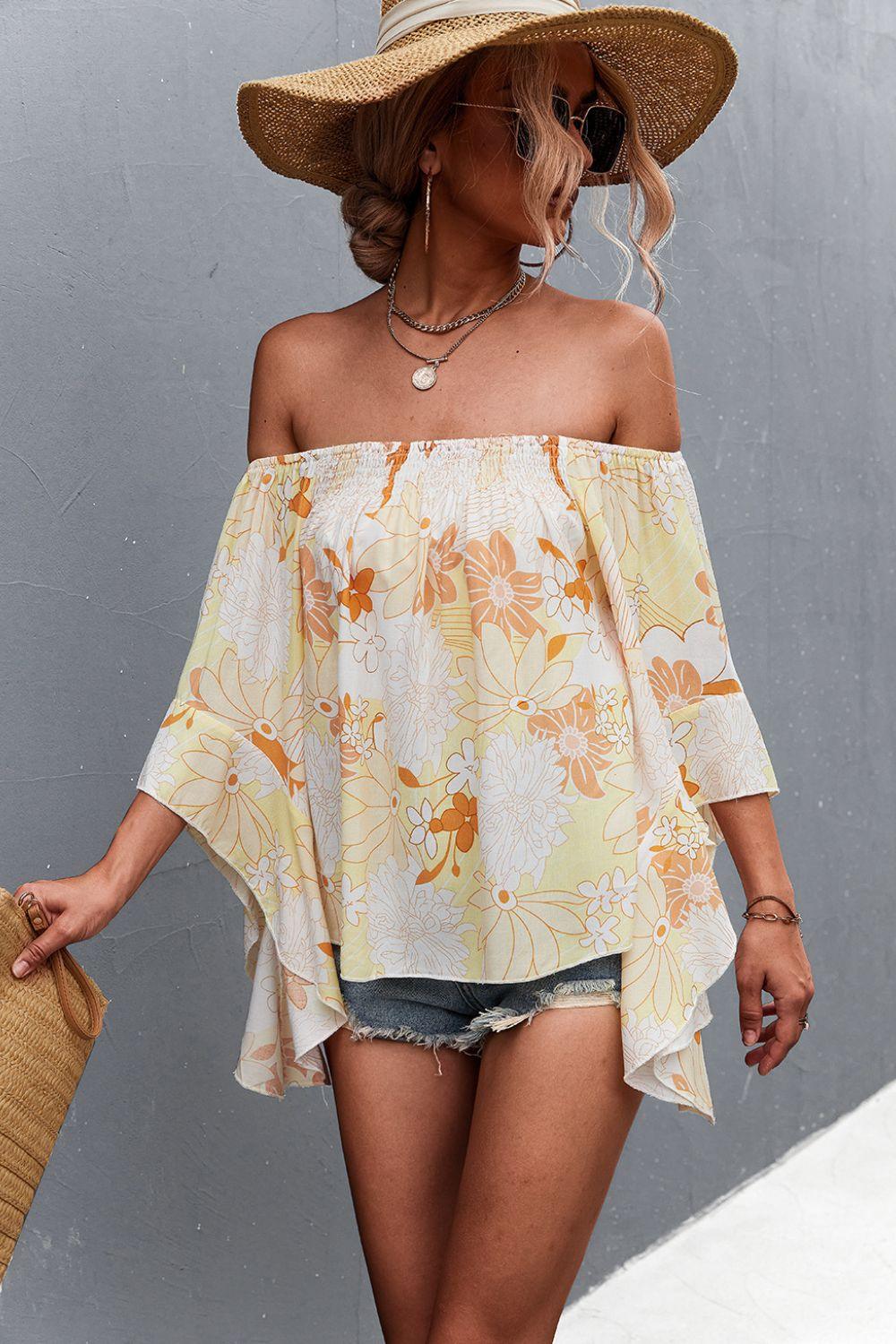 Floral Bell Sleeve Off-Shoulder Blouse - CADEAUME