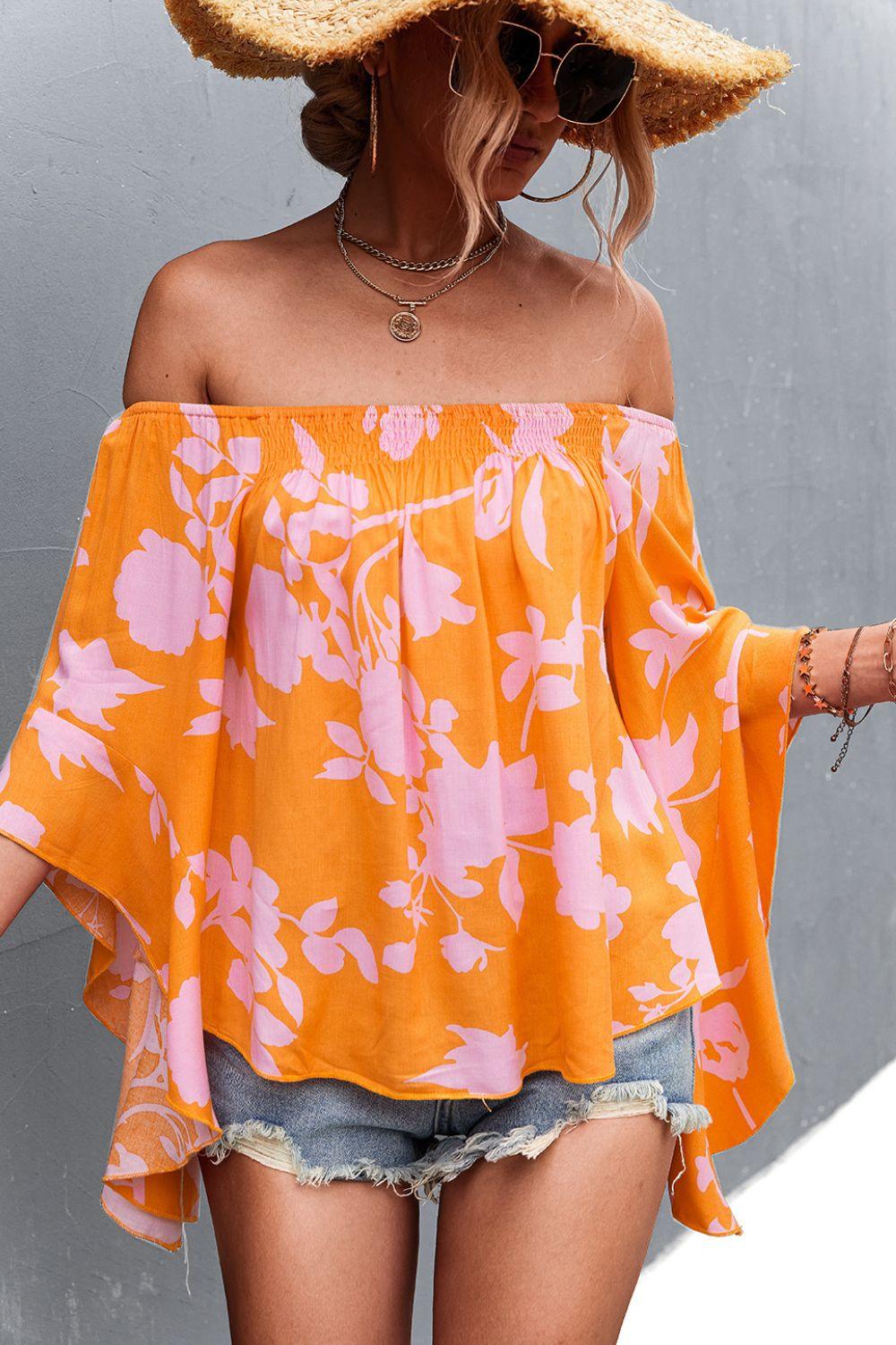 Floral Bell Sleeve Off-Shoulder Blouse - CADEAUME