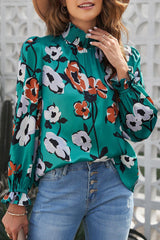 Floral Smocked Mock Neck Flounce Sleeve Blouse - CADEAUME