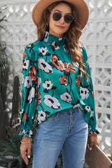 Floral Smocked Mock Neck Flounce Sleeve Blouse - CADEAUME