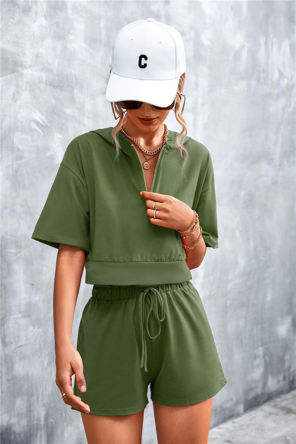 Half Zip Cropped Hooded T-Shirt and Shorts Set - CADEAUME