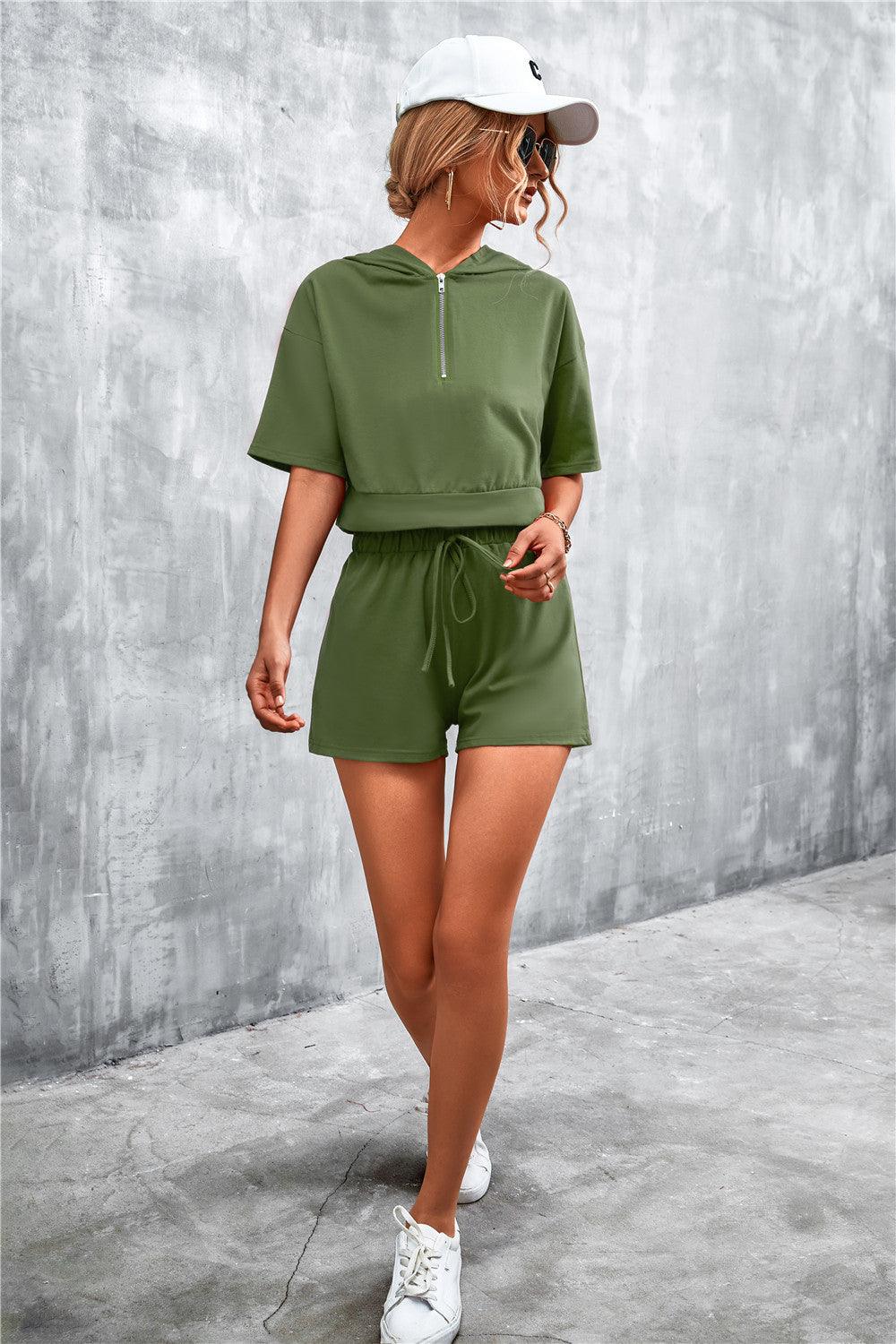 Half Zip Cropped Hooded T-Shirt and Shorts Set - CADEAUME