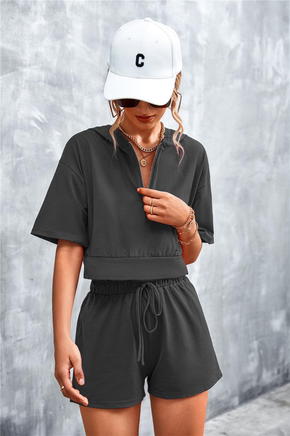 Half Zip Cropped Hooded T-Shirt and Shorts Set - CADEAUME