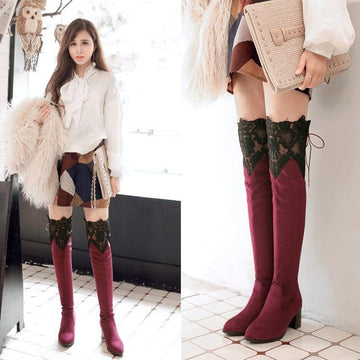 Increased Female Boots Knee High-heeled Boots Inside Hollow Lace