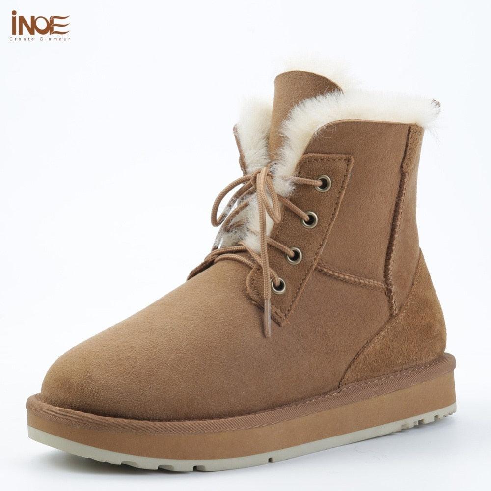 INOE Fashion Sheepskin Suede Leather Sheep Natural Wool Fur Lined Women Casual Short Winter Snow Boots Warm Shoes Waterproof - CADEAUME