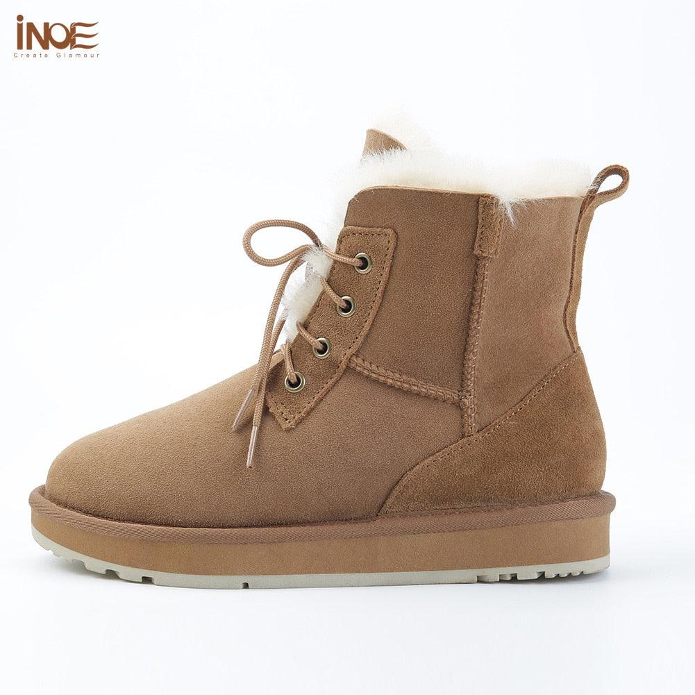 INOE Fashion Sheepskin Suede Leather Sheep Natural Wool Fur Lined Women Casual Short Winter Snow Boots Warm Shoes Waterproof - CADEAUME