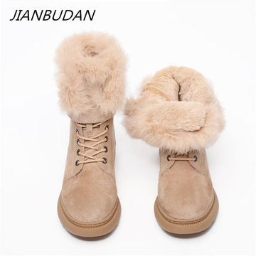 JIANBUDAN Women Boots Suede Leather Women Flat platform Mid-Calf Boots Ladies Shoes Fashion Winter Plush Fur warm Boots 34-43