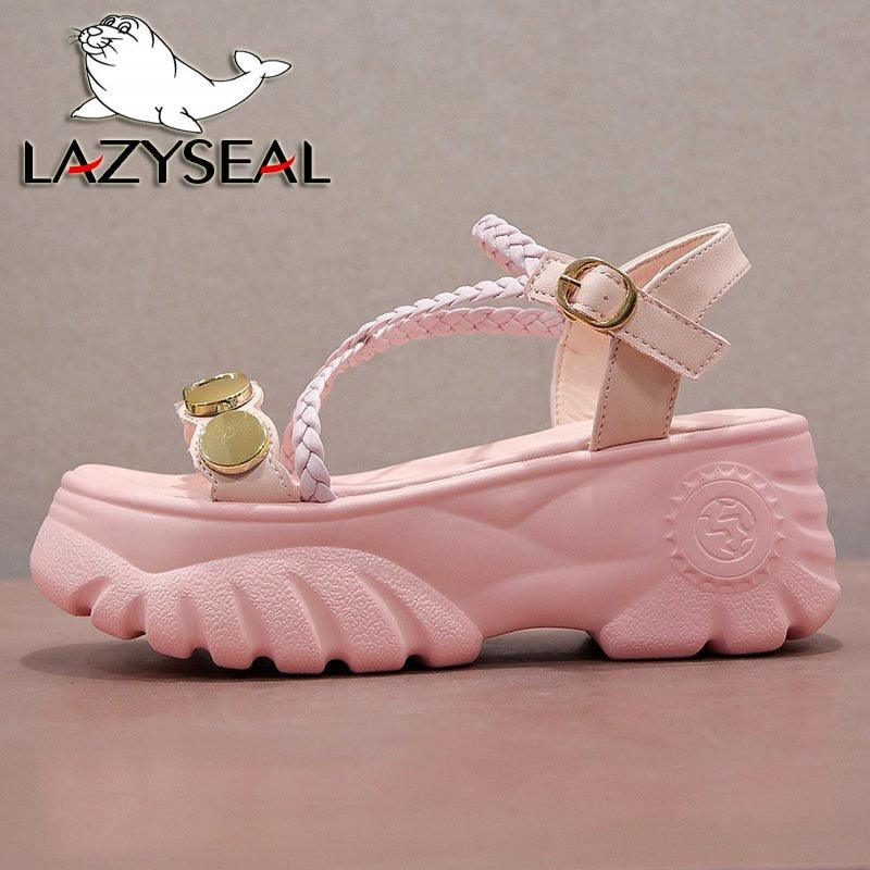 LazySeal 7cm Wedge Heel 2020 Women&#39;s Sandals Platform Summer Bling Braided Rope Cross-tied Beach Sandal Chunky Sole Woman Shoes - CADEAUME