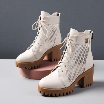 Leather breathable hollow net boots high-heeled sandals