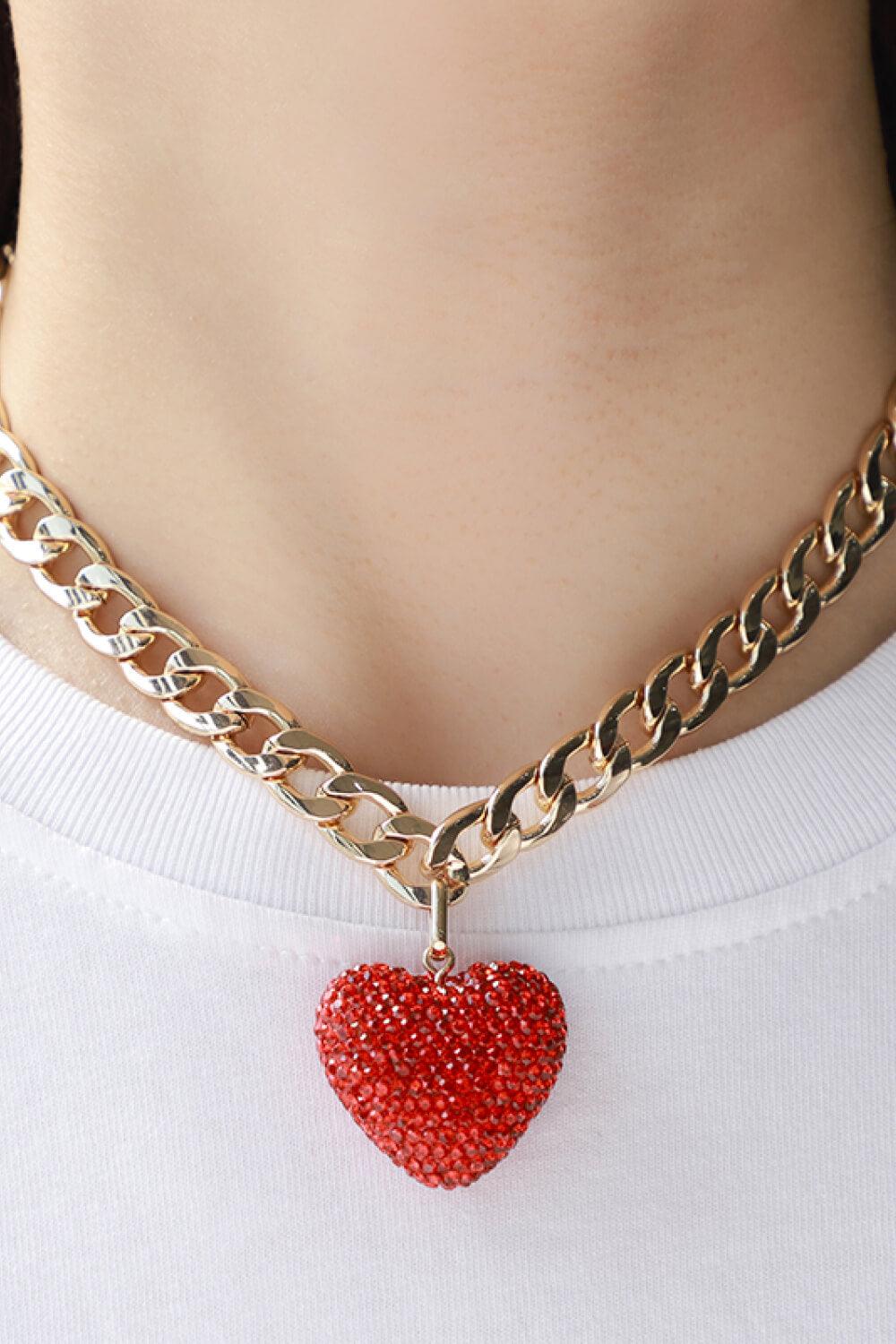 Rhinestone Heart Pendant Curb Chain Necklace - CADEAUME