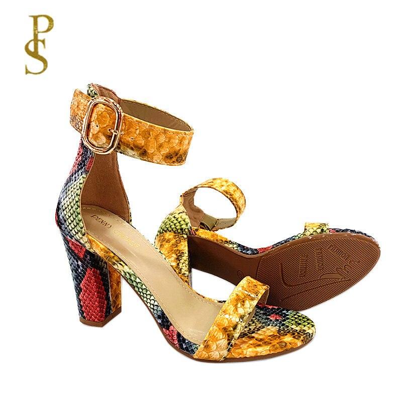 Snake Print Ankle Strap Women Summer Sandals shoes woman Ladies chunky high heels pumps - CADEAUME