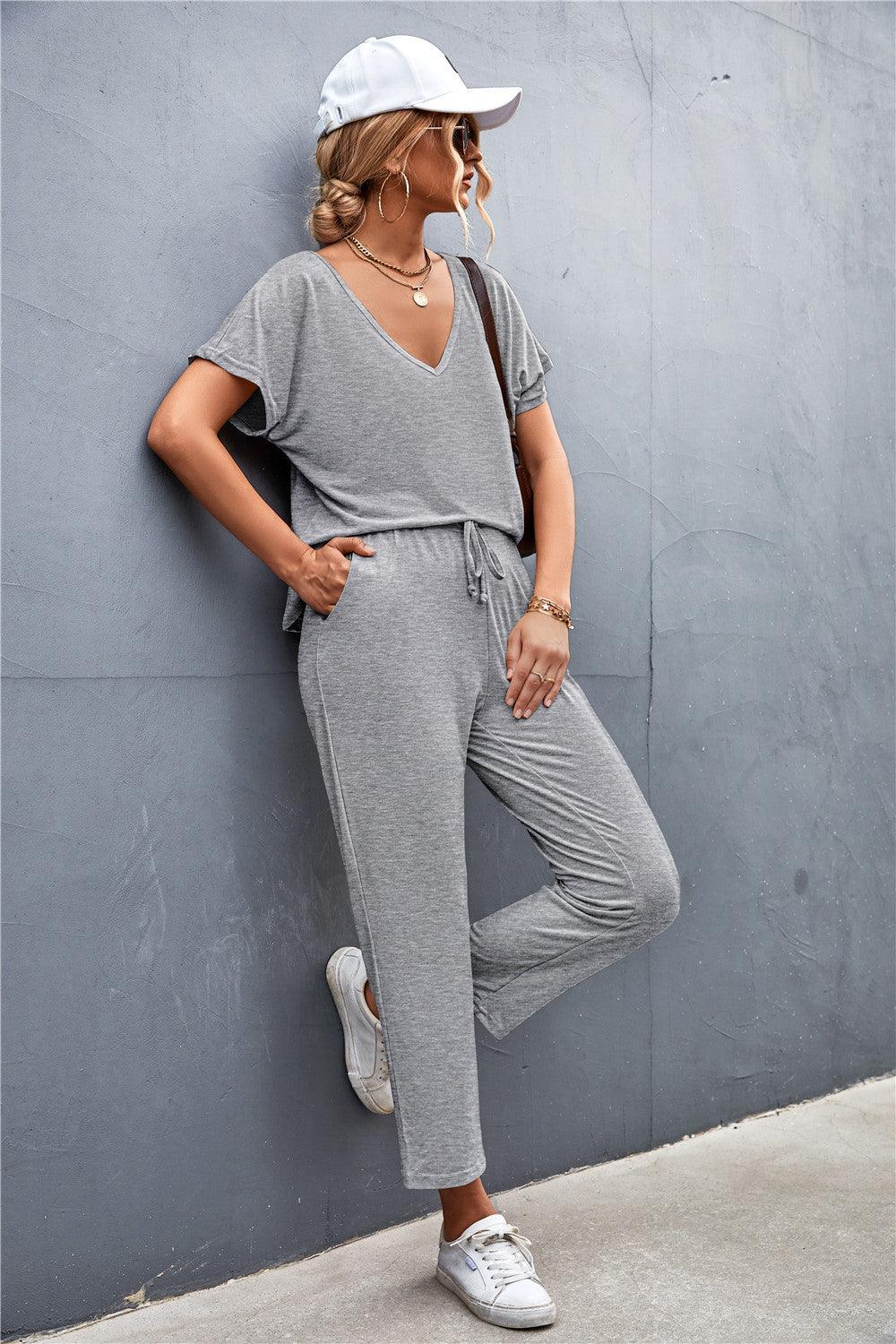 V-Neck Short Sleeve T-Shirt and Drawstring Waist Pants Set - CADEAUME