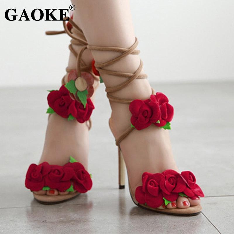 Woman Sandals Summer Woman High Heel Shoes Flower High Heel Sandals Ankle Strap Peep Toe Rubber Heel Sandals Bridal Party Shoes - CADEAUME